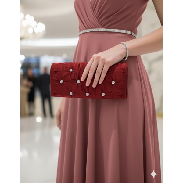 Evening Bag - Satin Embellished w/ Flower Rhinestones - Burgundy - BG-38044BUR